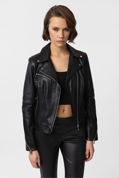 Deriderim Black Zippered Biker Genuine Leather Women's Coat