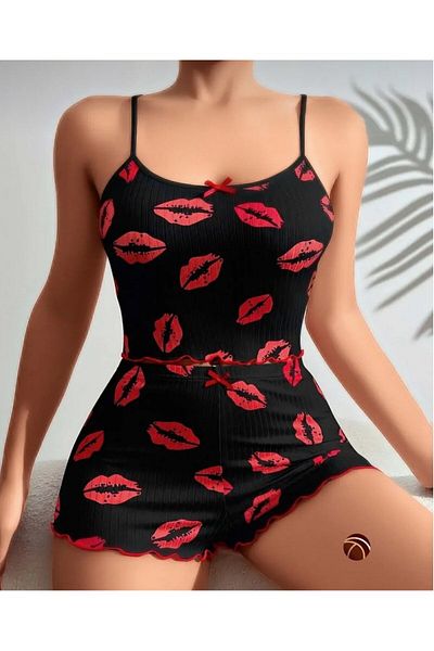 İntive Lingerie Set de pantaloni scurți bustieră cu bretele subțiri din bumbac 100% cu model Lily Pink Black Pink Kiss