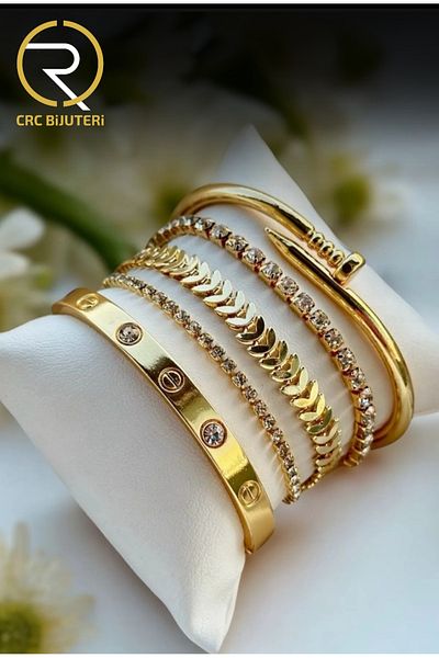 Crc Bijuteri مجموعة أساور نسائية مكونة من 5 قطع من حجر الزركون المطلي بالذهب ومفصلة على شكل سمكة
