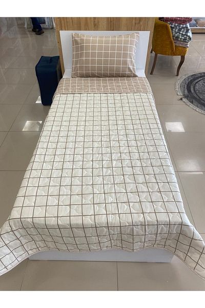 DENİZLİ ÇEYİZ Set cuvertură de pat cu două fețe, matlasată, piqué, crem, bej, carouri
