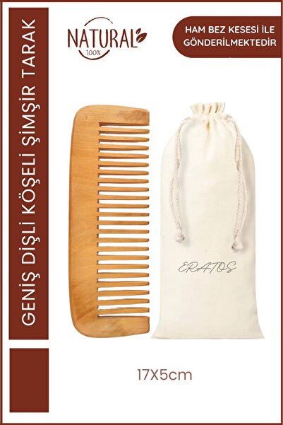 ERATOS Doğal Şimşir Geniş Dişli Köşeli Tarak Pamuklu Bez Saklama Kesesi – 17x...