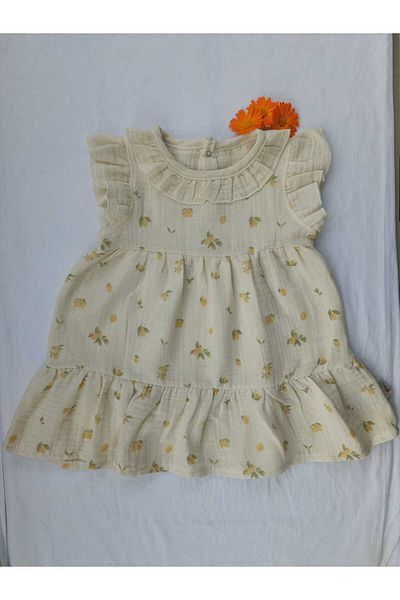 Flexi Lemon Patterned Muslin Frilly Beige Colored Baby Girl Dress