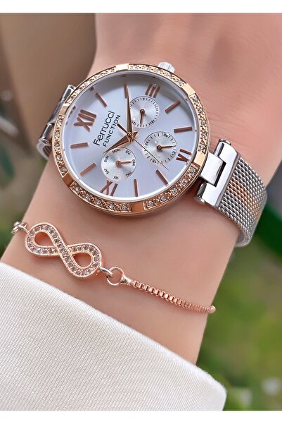 Ferrucci Brand Rose Silver Color Steel Mesh Cord Women's Wrist Watch - Bracelet Gift