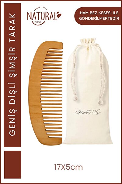ERATOS Doğal Şimşir Geniş Dişli Tarak + Pamuklu Bez Saklama Kesesi – 17x5 cm