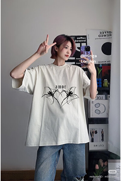 Minga London Μπλουζάκι Beige Spider Amor Oversize για δύο άτομα - Mingalondon