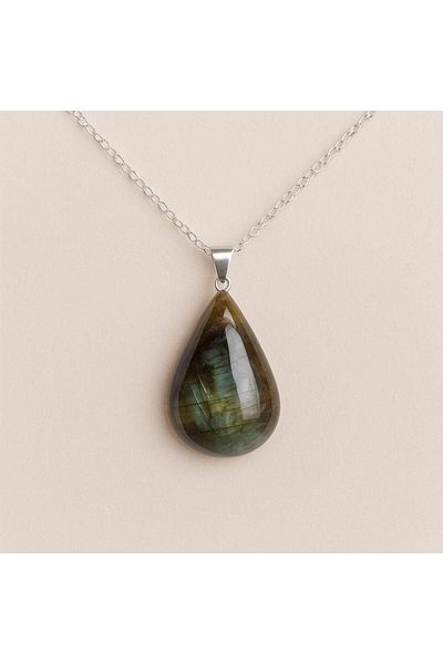 Taş Sandığı Drop Form Labradorite Stone Necklace – with Steel Chain