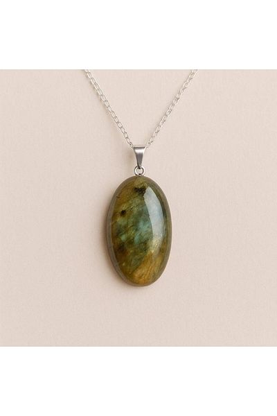 Taş Sandığı Oval Form Labradorite Stone Necklace – Steel Chain