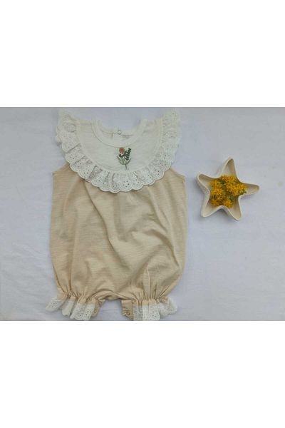 Flexi Guipure Detailed Embroidered Baby Girl Beige Colored Stylish Jumpsuit (3-6-9 Months)