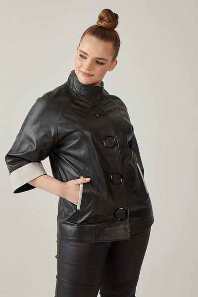 Deriderim Black Cherish Beige Garnished Snap Closure Three-Quarter Sleeve Wide Cut Lined Women's Genuine Leather Coat