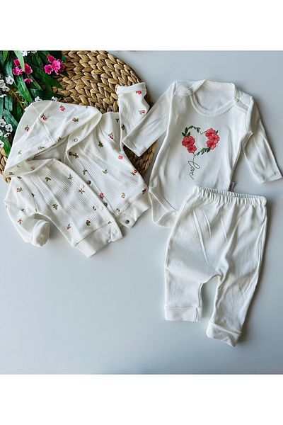 minço bebe Premium Floral Embroidered White Baby Girl Hooded Bodysuit Set 100% Cotton
