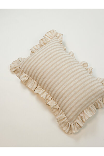 Galia Tasarım Washed Linen Beige Striped Bohemian Ruffle Cushion Cover 30x50 cm