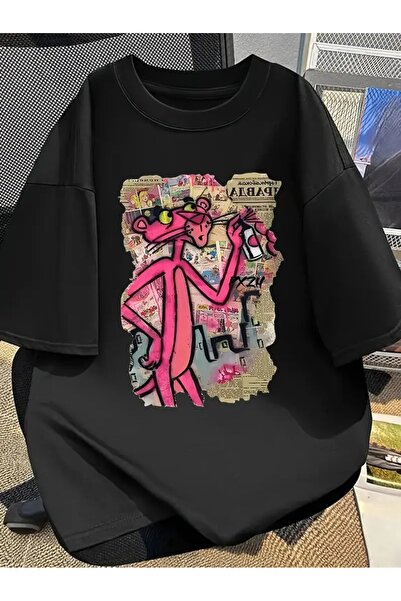 LAND MODA Kadınların Şık Pembe Panter Grafik Baskılı Kısa Kollu Tişörtü - %100 Pamuk,