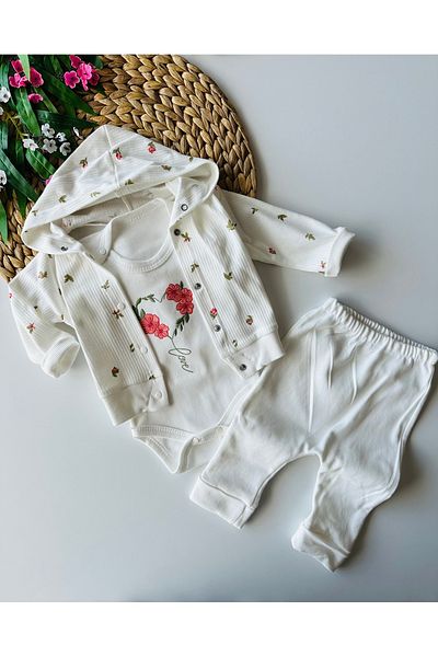 minço bebe Premium Floral Embroidered White Baby Girl Hooded Bodysuit Set 100% Cotton