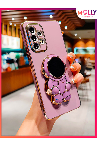 Molly Samsung Galaxy A72 İçin Lila Sevimli Astronot Standlı Kenarları Gold De...