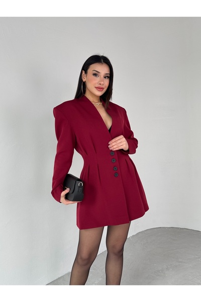 Cappmoda Tkm-03683 Claret Red Padded Front Buttoned Blazer Jacket Mini Skirt Double Set