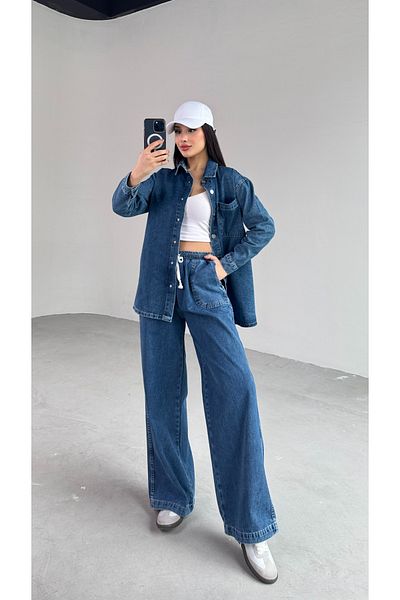 Cappmoda TKM-03681 Jachetă cu un singur buzunar, albastru închis, cu închidere cu capse, cu talie elastică, cu șnur, pantaloni largi, costum din două piese