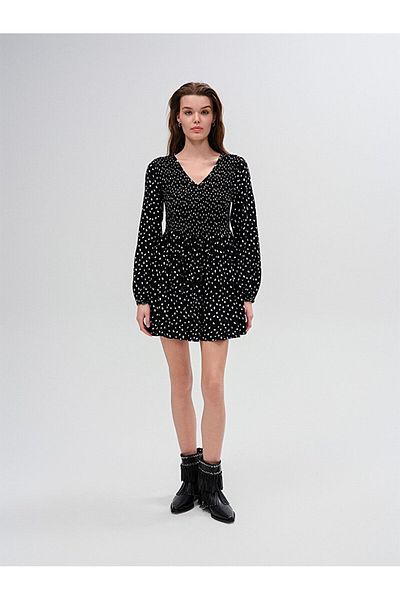 Ltb Polka Dot Wide Neck Long Sleeve Woven Black Dress