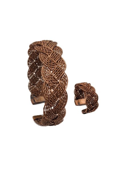 Han Ticarethane Triple Knitted Model Filigree Pure Copper Bracelet Ring Set