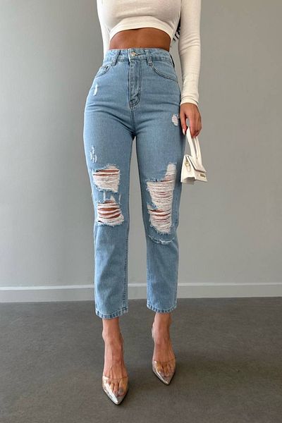 Harmony Blugi Mom albaștri rupti din denim premium fără lycra