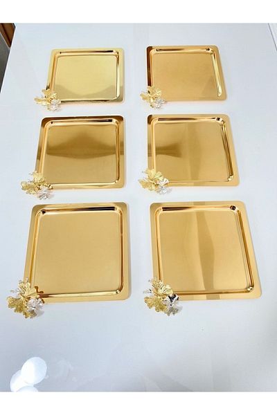 Kumsal Hediyelik Stainless Steel Square 6-Piece Gold Coffee, Tea, Decorative Presentation Serving Tray with Luxury Butterfly Accessories