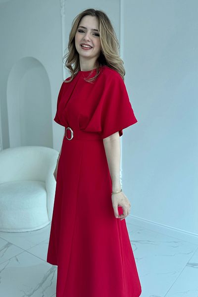 HELİS BUTİK Belt Detailed Slit Pleated Maxi Length Red Dress