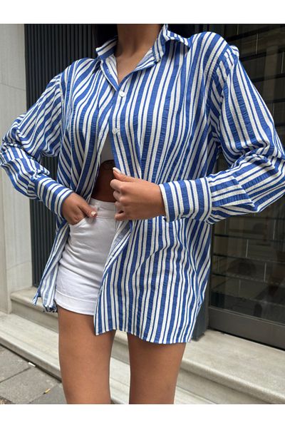 Fav Style Cămașă oversize albastră - dungi pentru femei