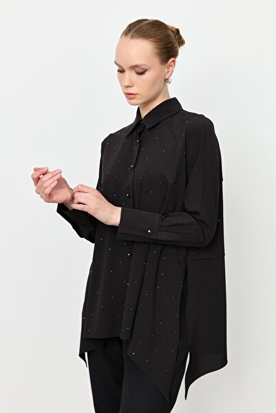 accort Taş Düğme Asimetrik Kesim Gömlek-SİYAH