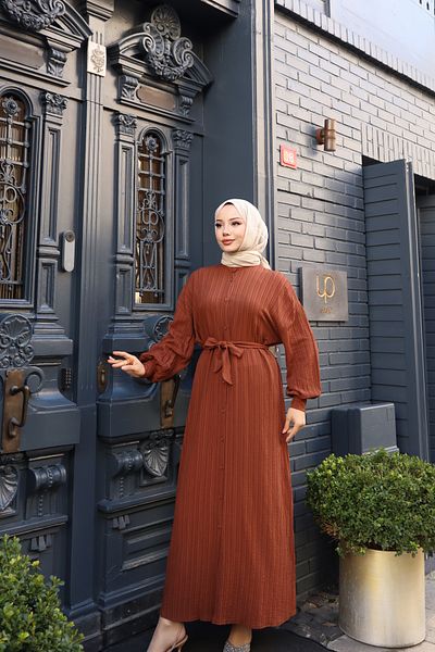 ECESSAMODAM Women's Brown Buttoned Bat Sleeve Belted Lara Linen Long Hijab Dress