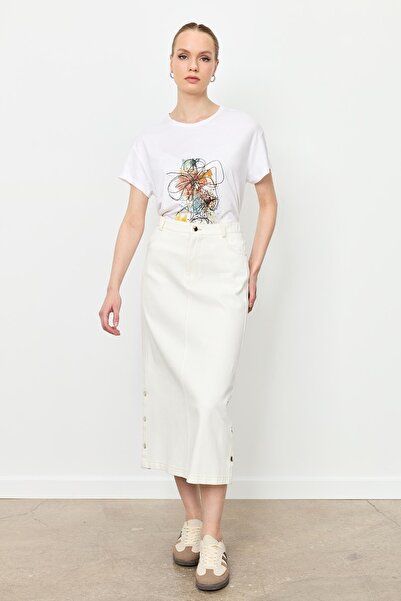 accort Yanları Çıtçıtlı Kot Etek-KEMIK