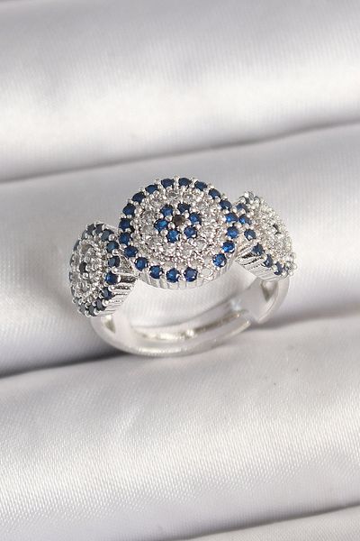 NEZADE STORE Brass Silver Color Zircon Stone Evil Eye Bead Model Adjustable Women's Ring - Lisinya
