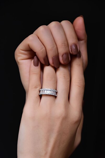 Papatya Silver 925 Ayar Gümüş Rodyum Kaplama Baget Taşlı Alyans Yüzük