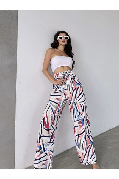 Fav Style High Waist Elastic Pattern Palazzo Pants, White