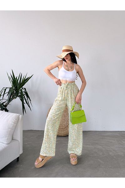 Fav Style Green Patterned Palazzo Trousers - High Waist Elastic