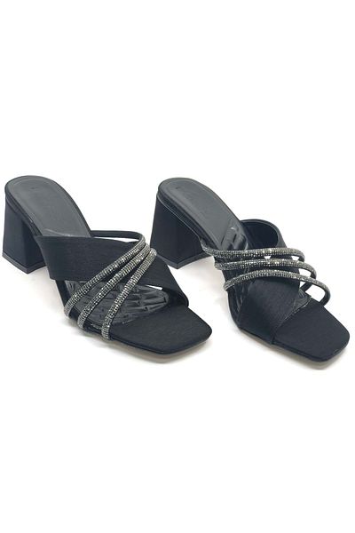 Kids Club Shoes Γυναικείες παντόφλες με τακούνι Feles Σατέν Ρίγες ΜΑΥΡΟ
