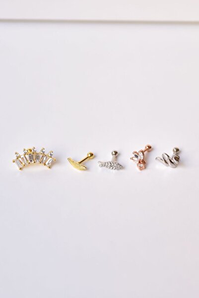 Papatya Silver Çelik Gold-Rodyum Kaplama Çelik Tragus 5'li Küpe Kombin4