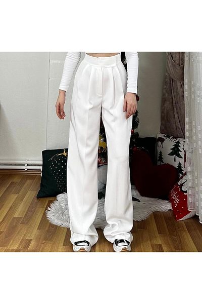 Sea Queen Women White High Waist Velcro Detailed Palazzo Pants
