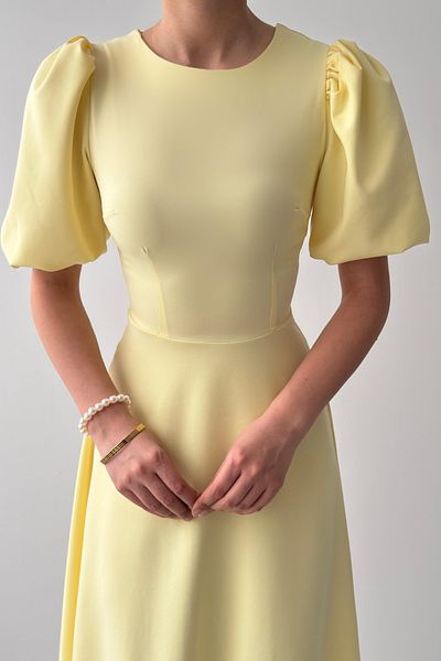 vuvutasarım Yellow Atlas Fabric Round Neck Princess Sleeve Detail Midi Length Flared Cut Yellow Dress 220