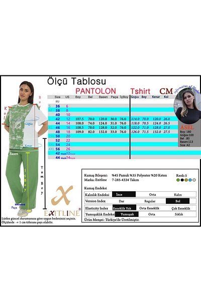 EXİTLİNE Women's Custom Printed Linen Suit Tshirt Pants