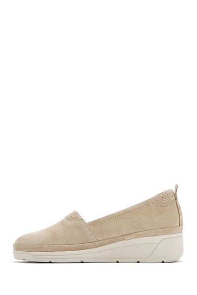 Derimod Women's Beige Wedge Heeled Suede Leather Comfort Loafer 25Sfd 501310