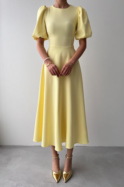 vuvutasarım Yellow Atlas Fabric Round Neck Princess Sleeve Detail Midi Length Flared Cut Yellow Dress 220