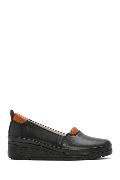 Derimod Women's Black Wedge Heeled Leather Comfort Loafer 25Sfd 501318