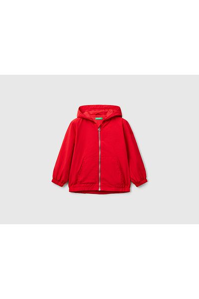 United Colors of Benetton Baby Boy Red Sleeve Logo Detailed Lined Hooded Raincoat