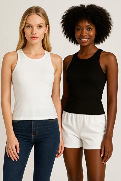 CATSPY طقم بلوزة محبوكة مرنة مكونة من قطعتين باللونين الأبيض والأسود