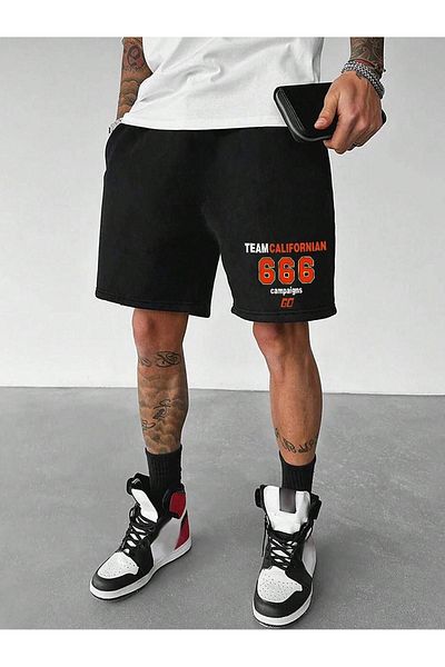 DUBU BUTİK Californian 666 Combed Cotton Shorts - Black Printed Short Without Cord