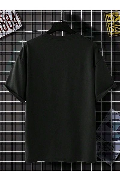 DUBU BUTİK Dreams Collar Detail Single Jersey T-Shirt - Black Printed Oversize Crew Neck T-Shirt