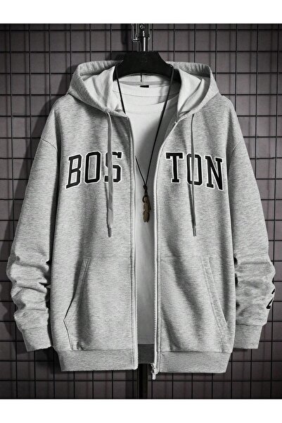 Sweetline Bos Ton Fermuarlı Hırka Sweatshirt - Gri Baskılı Oversize Kışlık Kalın Kapüşonlu