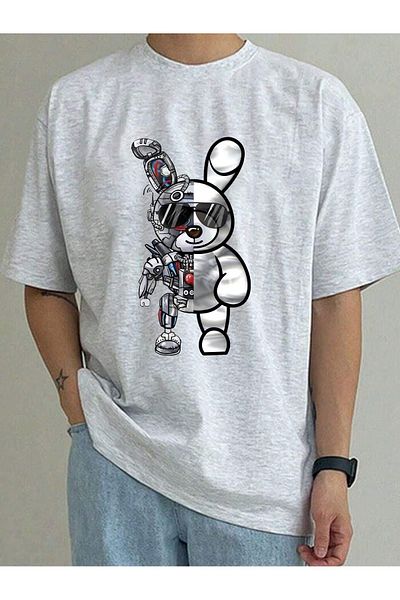 DUBU BUTİK Robotic Rabbit Single Jersey T-Shirt - Gray Printed Oversize Crew Neck T-Shirt