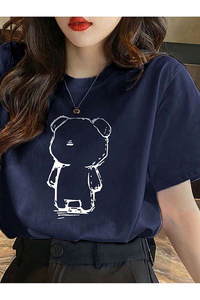 DUBU BUTİK Lonely Bear Single Jersey T-Shirt - Navy Blue Printed Oversize Crew Neck T-Shirt