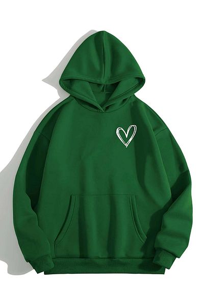 Sweetline Φούτερ Minimal Heart Logo - Πράσινη στάμπα Oversize Χειμερινή χοντρή κουκούλα