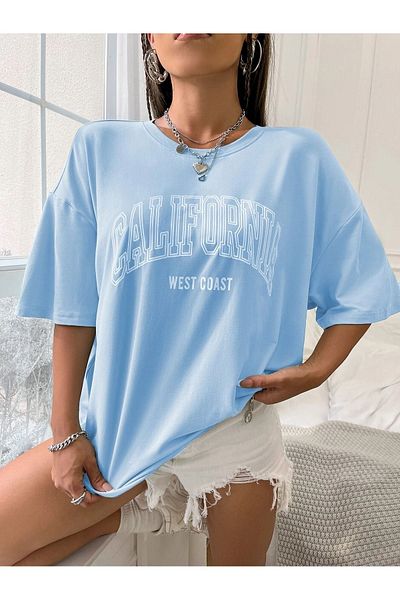 DUBU BUTİK California West Coast Single Jersey T-Shirt - Baby Blue Printed Oversize Crew Neck T-Shirt